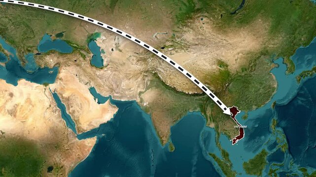 animated journey mapping flight path from America to Vietnam