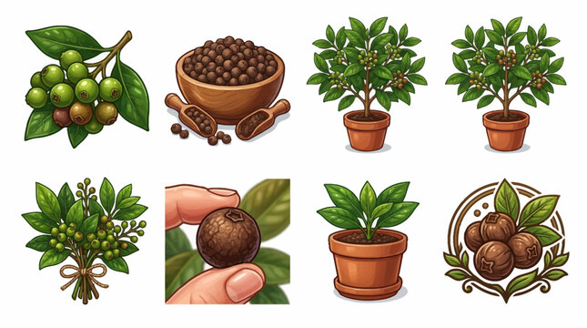 Comprehensive Allspice Illustration Set Featuring Fresh Berries on Branches, Dried Peppercorns in Wooden Bowls, Potted Plants, and Detailed Culinary Spices