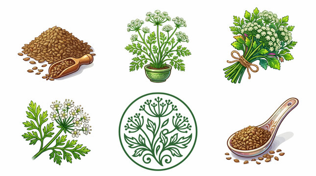 Collection of Caraway Seed Illustrations featuring Fresh Bunches, Dried Seeds in Wooden Spoons, Flowering Herb Plants, and Minimalist Green Circle Logo Icons