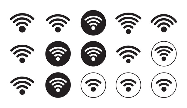 Minimalist wifi connection symbols collection in solid and outline circular styles for web.