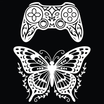White ornamental game controller and butterfly silhouette on black background