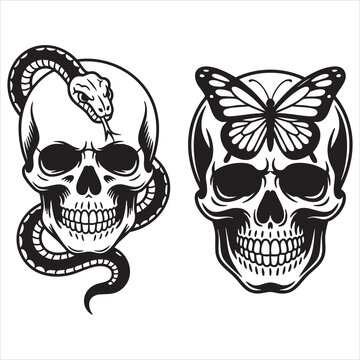 Two human skulls with a coiled snake and a butterfly, black and white