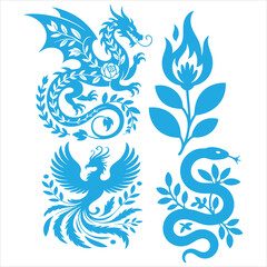 Obraz premium Blue silhouette of a dragon, phoenix, snake, and floral flame