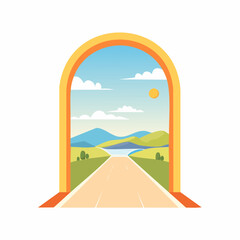 Fototapeta premium Vast Open Road Leading to Majestic Mountains and a Serene Lake Under a Blue Sky