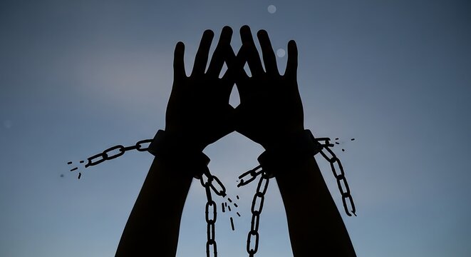 Hands break free of chains.