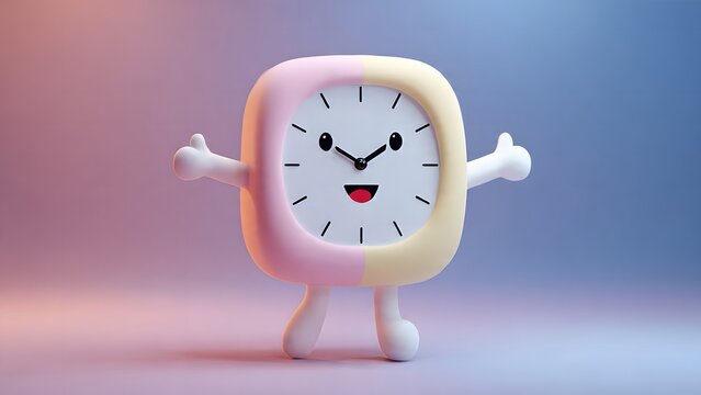 Cute cartoon clock character with colorful design and happy expression
