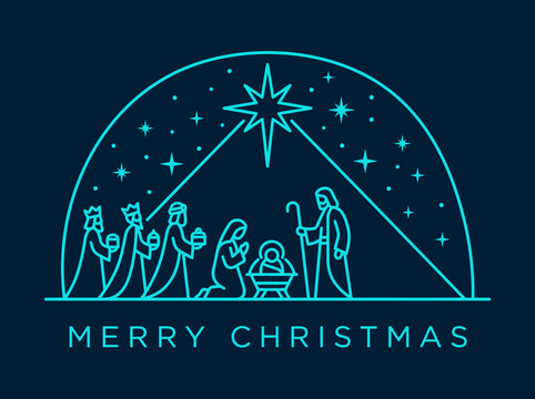 Modern Minimalist Nativity Scene Line Art with Three Kings and Star of Bethlehem for Christmas Greeting Cards