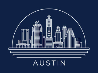 Fototapeta premium Austin Texas Skyline Minimalist Line Art Illustration, Modern City Silhouette Icon on Dark Blue Background, Lone Star State Travel and Tourism Graphic