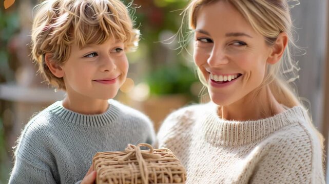 child giving handmade gift to mother smiling, candid moment, natural light, raw photography 