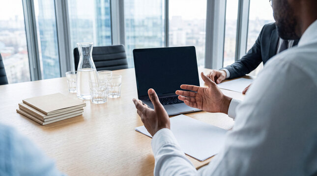 Business executive actively discussing strategy during a corporate meeting, gesturing towards a laptop on the table.