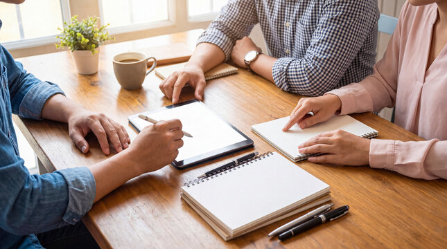 Three diverse business professionals engaging in a collaborative discussion around a wooden table with digital tablet.