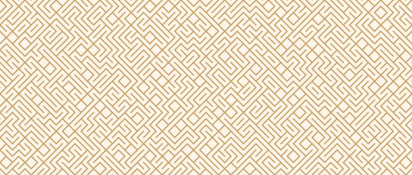 Beige geometric seamless pattern. Abstract linear repeating maze background. Line labyrinth grid texture wallpaper for graphic print, design template. Vector repeated retro line element all over bg