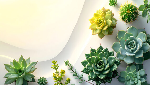 Variety of succulent plants on white.
