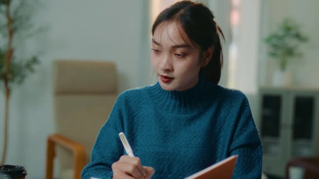 Beautiful Asian female student using a laptop and taking notes in a diary. Focused woman studying online and writing down important information