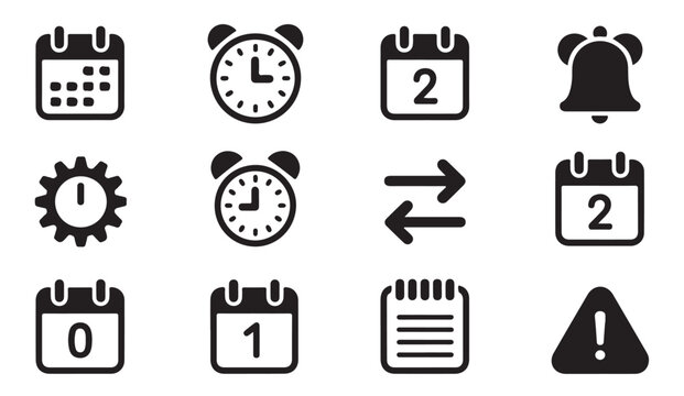Set of black flat icons for time management and daily planning with alarms.