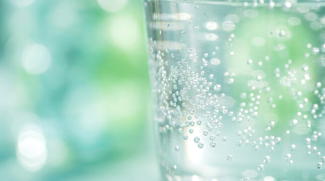 Macro of carbonated drink bubbles on green background