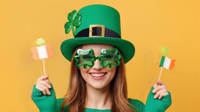 St. Patricks Day Celebration - Woman in Green with Irish Flags and Shamrock Glasses.