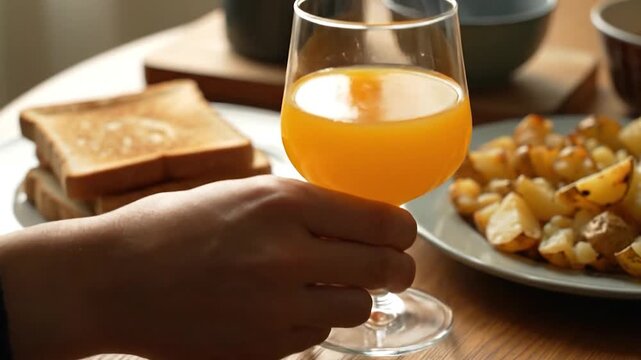 A refreshing glass of juice is held in a hand, next to a plate of toast and potatoes, ready for a meal
