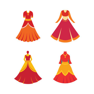 Four different types of traditional indian dresses in red orange and yellow colors for women  various styles and designs  lehenga choli  saree  salwar kameez  anarkali suit
