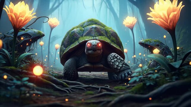 Mystical Turtle in Enchanted Forest with Glowing Flora and Roots.