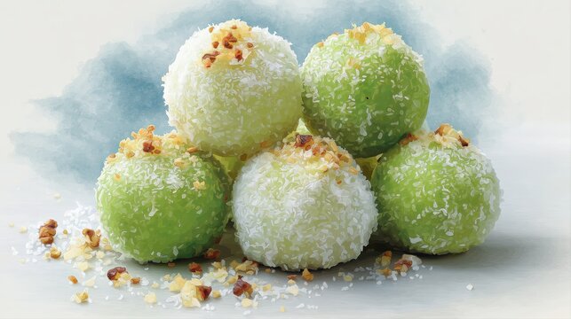 Indonesian Klepon Rice Cakes Watercolor Art Coconut Topping