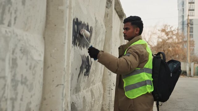 South asian man removing graffiti with roller on concrete barrier during municipal repair highvisibility vest and gloves, backpack, urban alley daytime cleanup, methodical strokes and civic