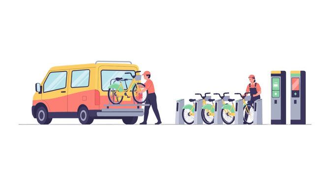Bike Sharing Service Van and Station Illustration.