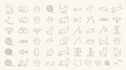 A charming collection of hand-drawn cat-themed icons, featuring playful felines, toys, and accessories in a light, sketch-like style. © KN collection