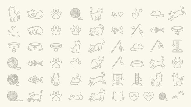 A charming collection of hand-drawn cat-themed icons, featuring playful felines, toys, and accessories in a light, sketch-like style.