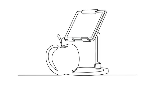 Minimalist Line Art: Tablet Stand Beside an Apple, symbolizing education and technology