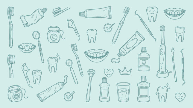 A charming collection of hand-drawn dental hygiene items, including toothbrushes, toothpaste, floss, mouthwash, and dental tools, all rendered in a soothing pastel blue.