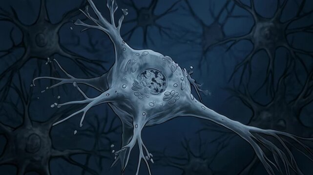 Abstract animation of a neuron cell with branching dendrites and axon.