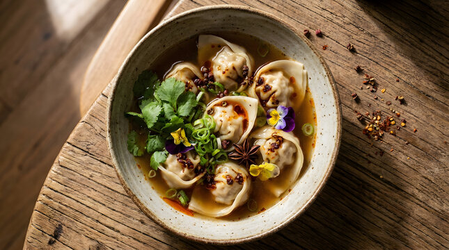 Delicious bowl of dumplings with herbs.