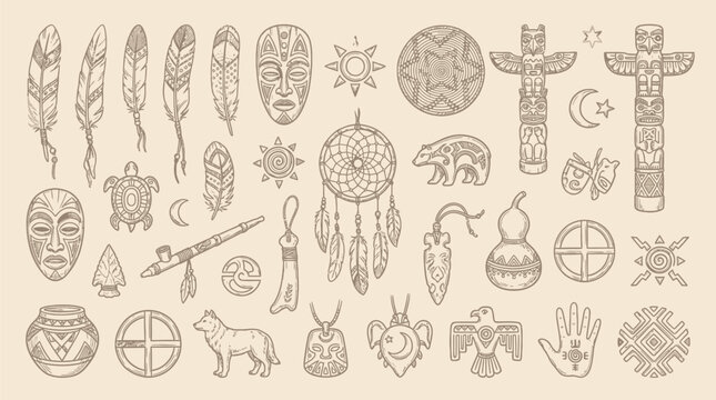 A comprehensive collection of Native American cultural symbols and artifacts, intricately illustrated in a vintage, etched style on a textured background.