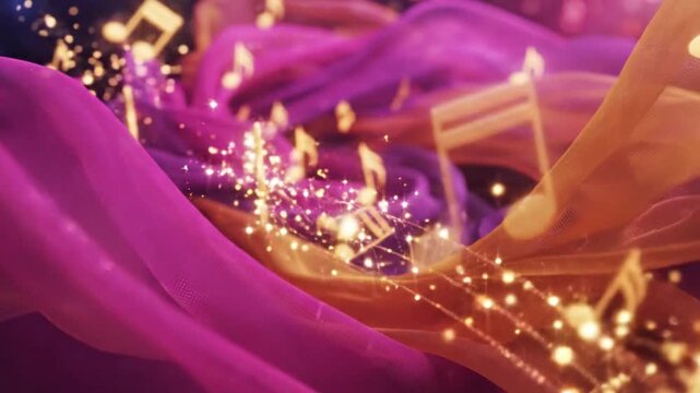 Abstract musical notes and treble clef floating on flowing purple and gold silk fabric background