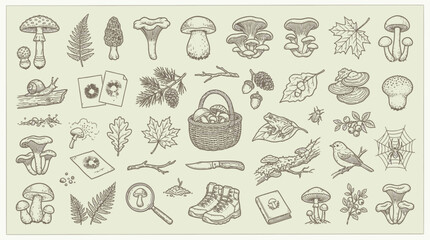 A detailed vintage illustration showcasing a diverse collection of mushrooms, forest elements, and outdoor activity items. © KN collection