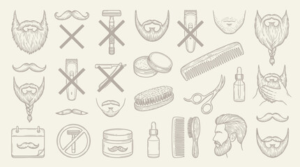 Fototapeta premium A collection of hand-drawn illustrations depicting various beard styles, grooming tools, and related accessories, presented in a vintage sketch aesthetic.