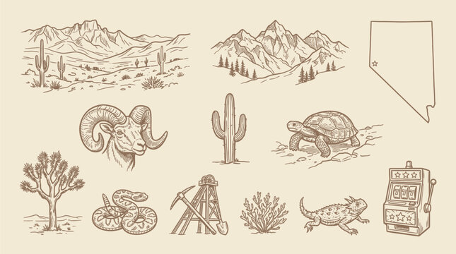 A collection of hand-drawn illustrations depicting iconic elements of the Nevada desert landscape, including mountains, cacti, wildlife, and state outline.
