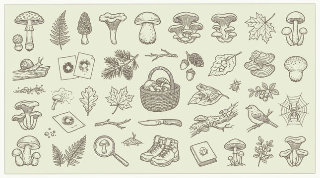 A detailed vintage illustration showcasing a diverse collection of mushrooms, forest elements, and outdoor activity items.