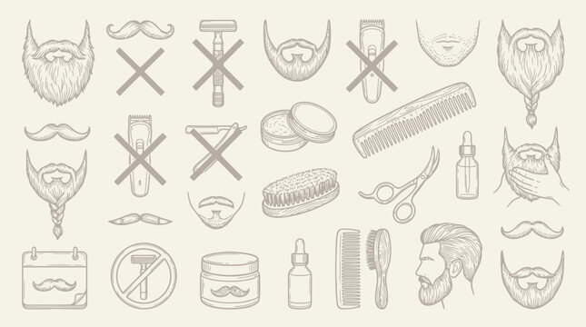 A collection of hand-drawn illustrations depicting various beard styles, grooming tools, and related accessories, presented in a vintage sketch aesthetic.
