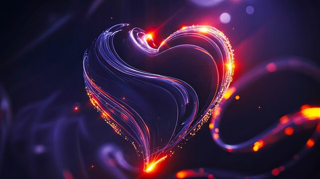 Glowing abstract heart shape with neon light trails representing love and emotion