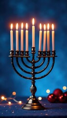 Fototapeta premium Glowing Hanukkah menorah, blue backdrop, festive scene , religious symbol, holiday