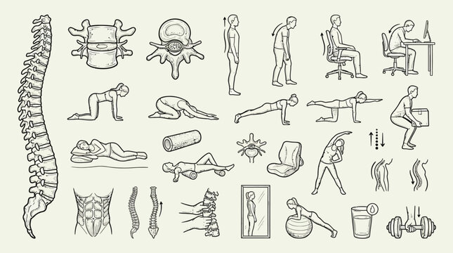 An extensive collection of anatomical illustrations depicting the human spine, various postures, exercises, and spinal health-related elements.