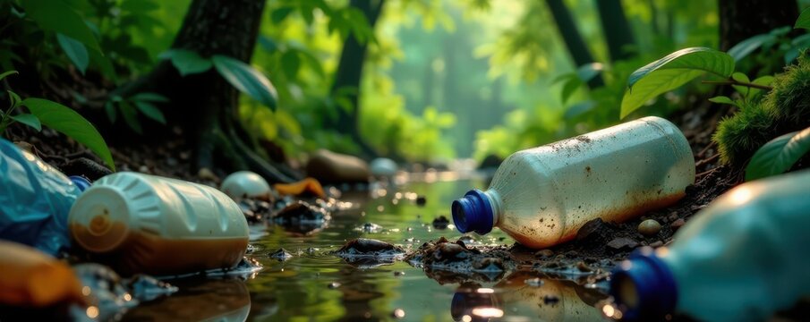 Dirty plastic bottles and bags litter a jungle floor , ecology, debris