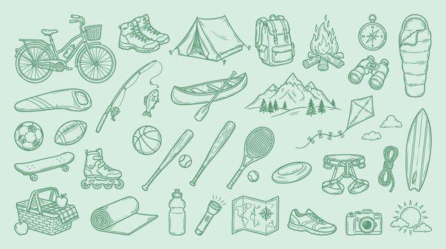 A collection of hand-drawn outdoor recreation and sports equipment, including camping gear, athletic items, and adventure accessories, presented in a simple, illustrative style.