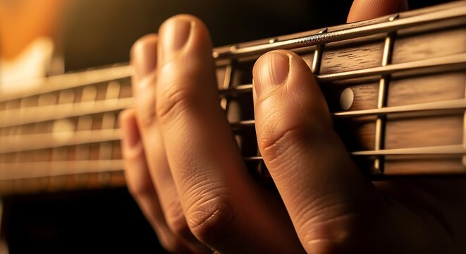 Close-up of a hand playing a bass guitar fretboard with warm lighting