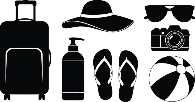 Summer vacation and travel essentials icons set with suitcase hat camera