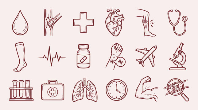 A collection of hand-drawn medical and health-related icons, including a blood drop, heart, lungs, and stethoscope.