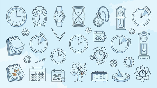 A collection of various timekeeping devices and related imagery, including clocks, calendars, and an hourglass, presented in a blue-toned illustration.