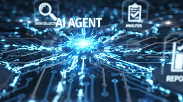 Ai agent concept with data collection and reporting icons on circuit board